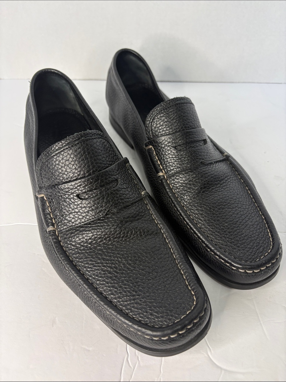 Salvatore Ferragamo Black Full Grain Pebbled Leather Penny Loafers